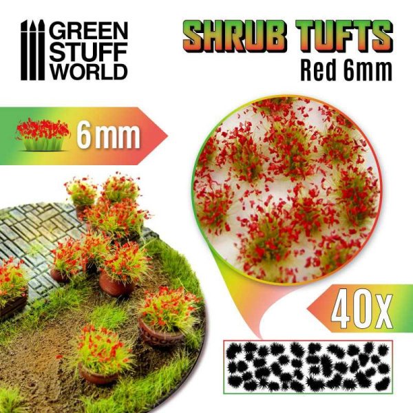 Green Stuff World - Touffes de Buissons - 6mm - Auto-Adhésif - Fleurs Rouges